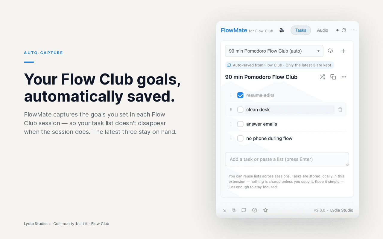 FlowMate for Flow Club — Flow Club goals automatically saved