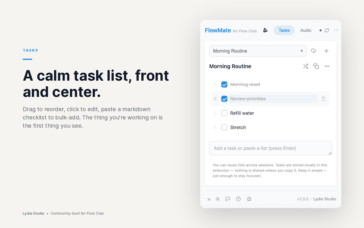 FlowMate for Flow Club - A calm task list, front and center