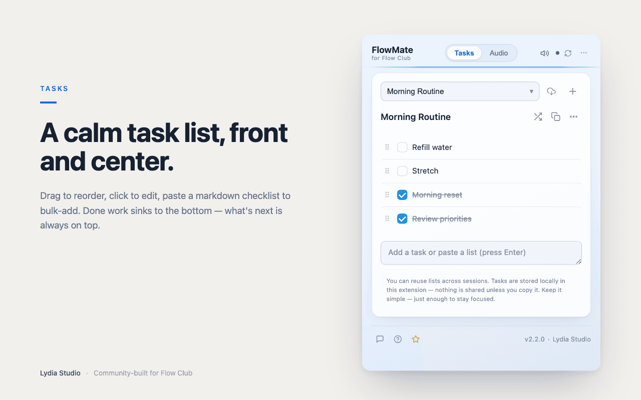 FlowMate for Flow Club - A calm task list, front and center