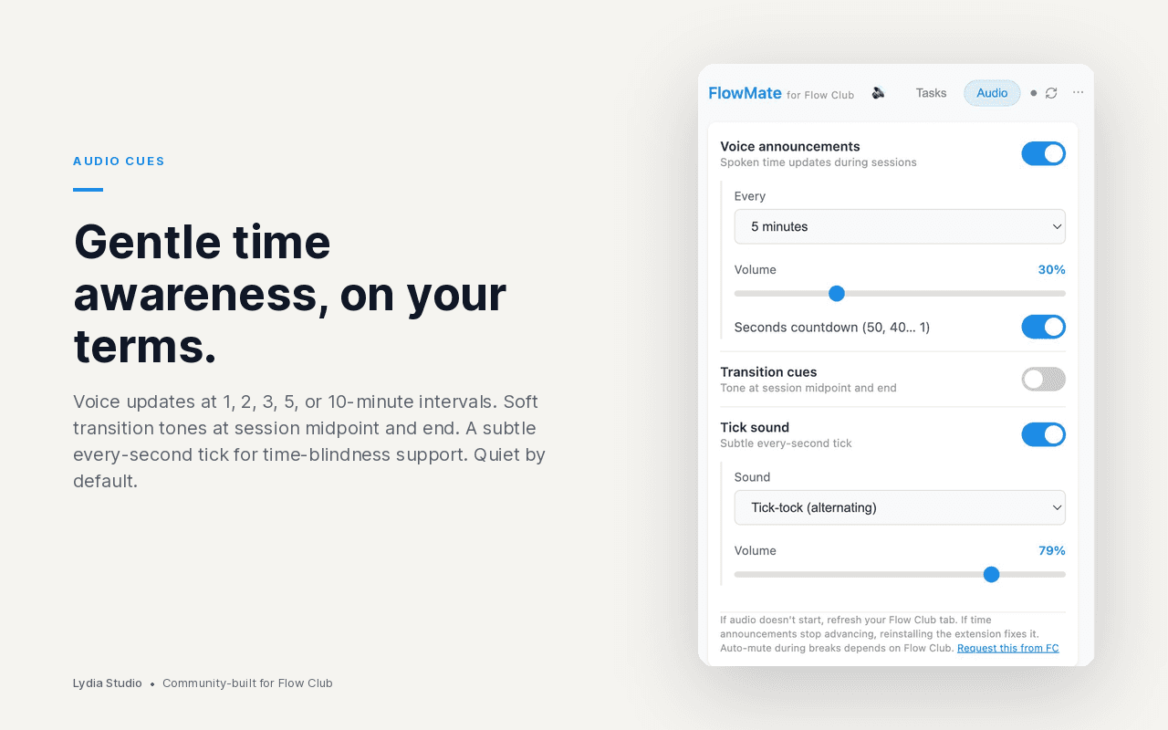 FlowMate for Flow Club - Gentle time awareness, on your terms