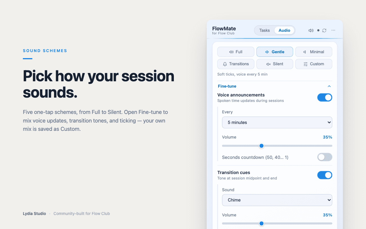 FlowMate for Flow Club - Five one-tap sound schemes with a fine-tune mixer